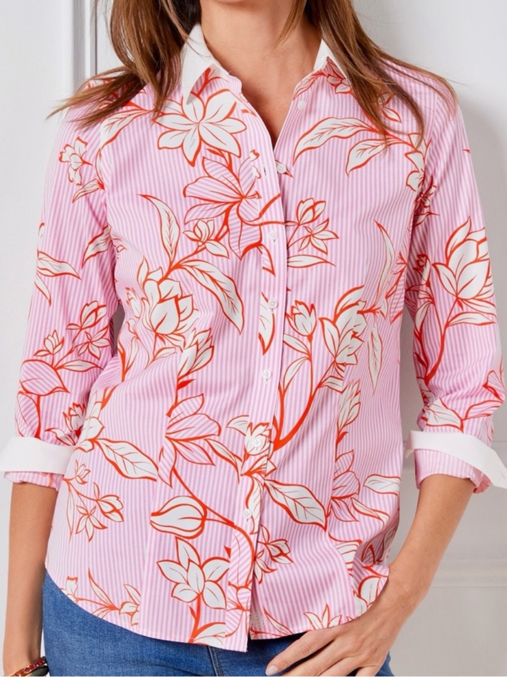 Talbots 16 White Pink Orange Stripe Floral Non-Iron Button Down Perfect Shirt - Picture 4 of 4